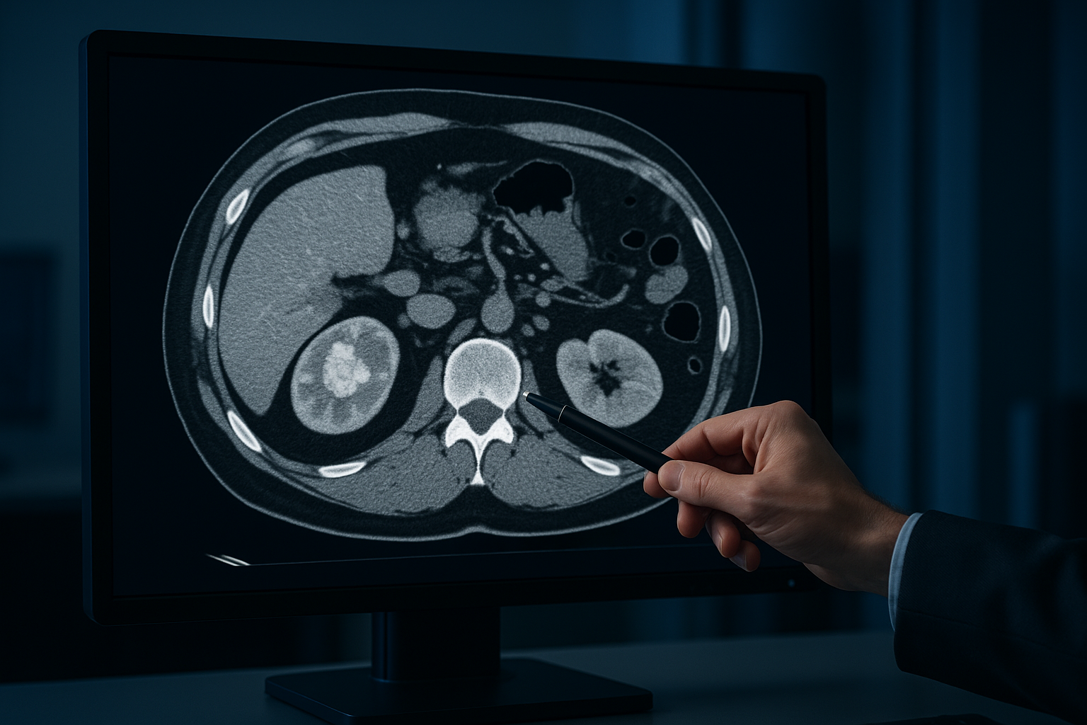 Imagem de tomografia computadorizada mostrando nódulo renal hipervascular em fase nefrográfica