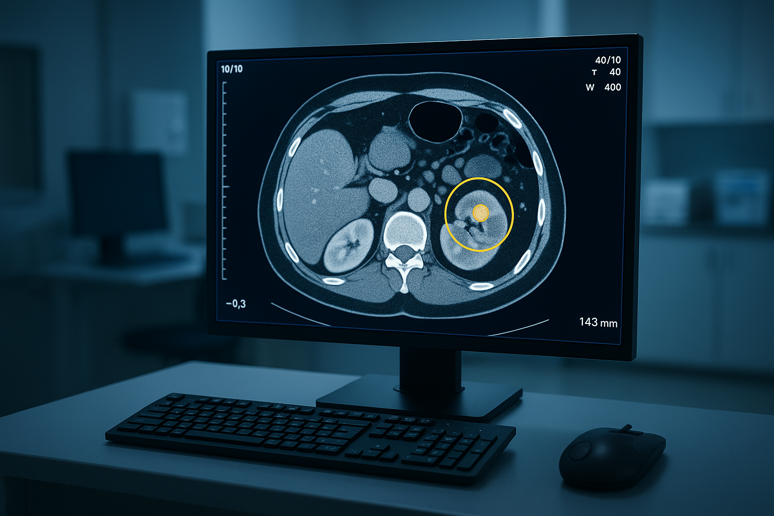 Imagem de tomografia computadorizada evidenciando nódulo renal hipervascular em fase corticomedular