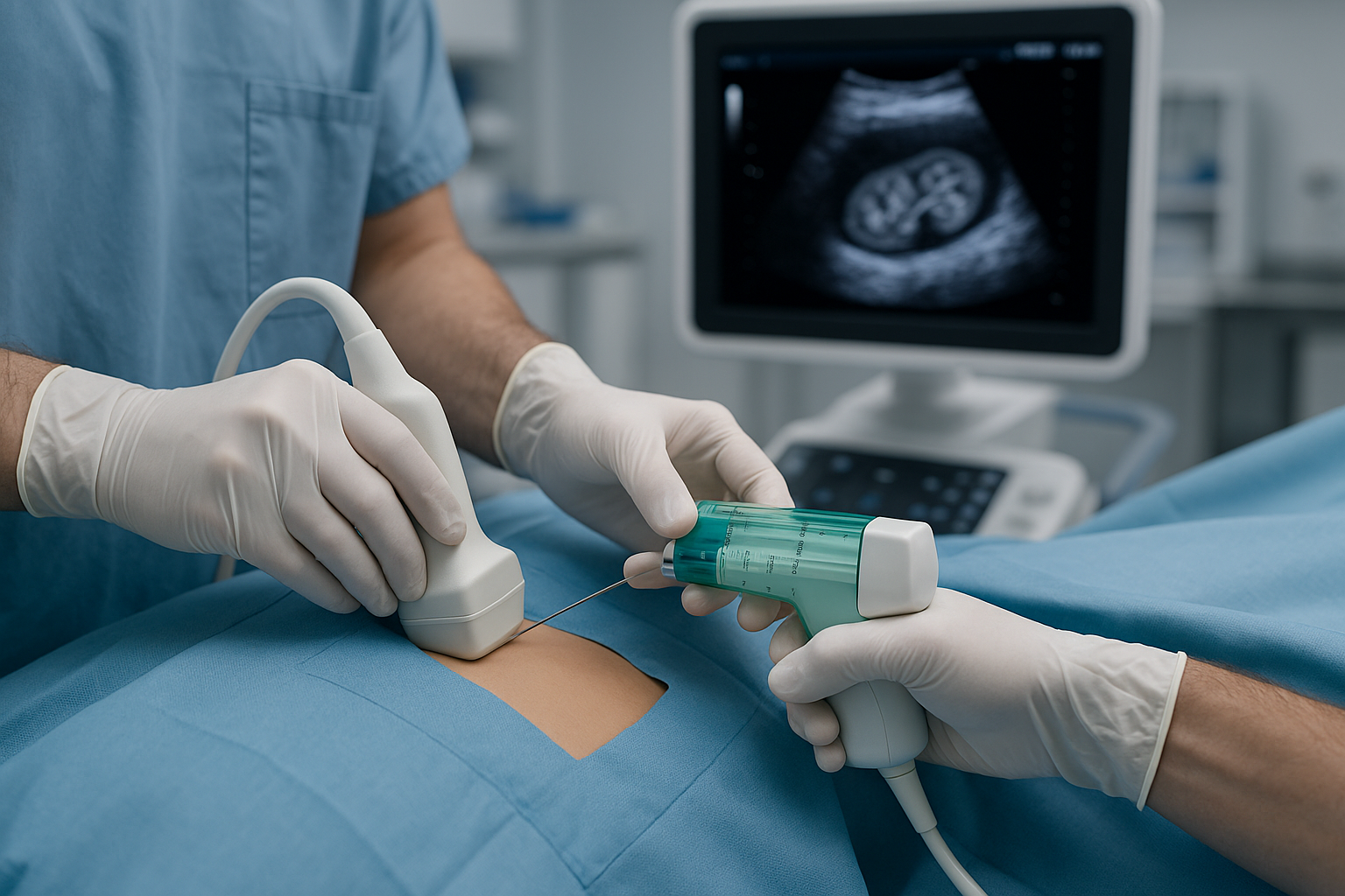 Procedimento de biópsia renal percutânea guiada por ultrassom em sala de radiologia intervencionista