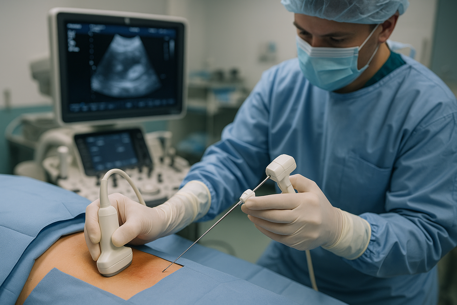 Procedimento de biópsia renal percutânea guiada por ultrassom realizado por radiologista intervencionista