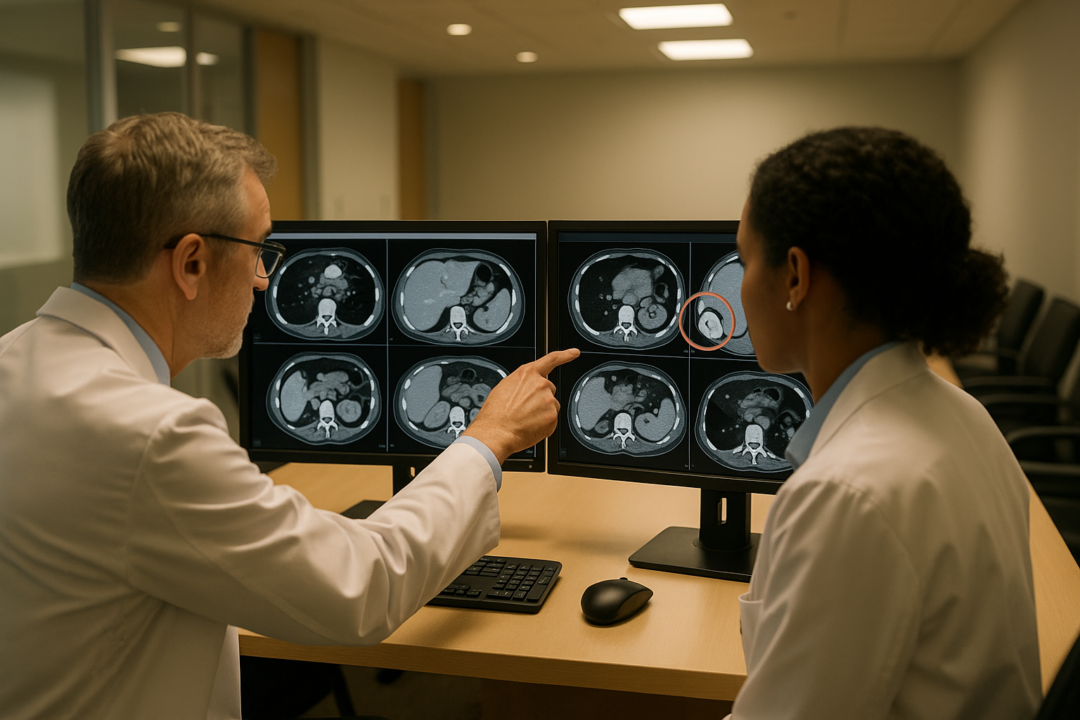 Equipe multidisciplinar de urologia e radiologia discutindo caso de nódulo renal em reunião clínica