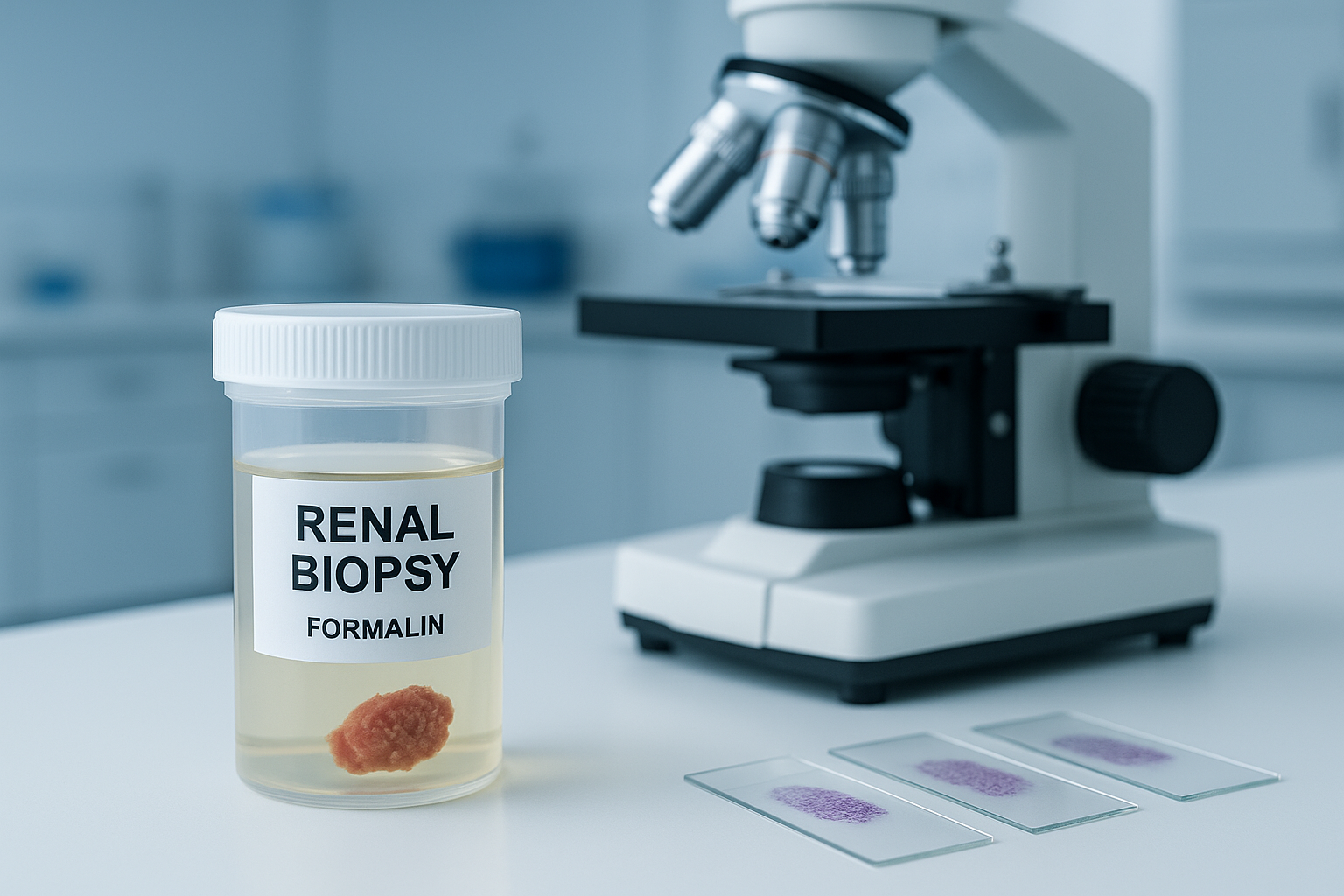 Amostra de biópsia renal em frasco de formol para análise histopatológica em laboratório de patologia